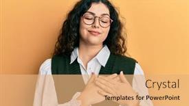 Presentation with curly hair - Cool new slide set with young-brunette-woman-with-curly backdrop and a coral colored foreground