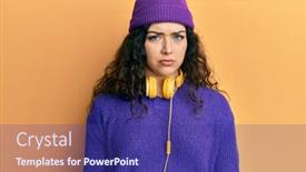  Presentation with person listening - PPT theme with young-brunette-woman-with-curly background and a violet colored foreground