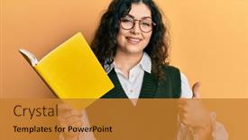  Presentation with book glasses - Beautiful presentation featuring young-brunette-woman-with-curly backdrop and a gold colored foreground