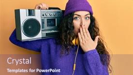  Presentation with curly hair - Presentation theme having young-brunette-woman-with-curly background and a navy blue colored foreground