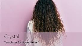  Presentation with curly hair - Cool new slide deck with young-brunette-woman-with-curly backdrop and a coral colored foreground