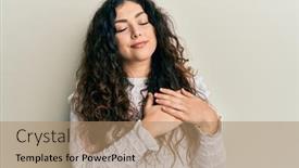  Presentation with curly hair - PPT layouts with young-brunette-woman-with-curly background and a coral colored foreground