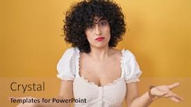  Presentation with curly hair - Presentation design enhanced with young-brunette-woman-with-curly background and a coral colored foreground