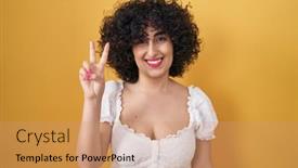  Presentation with curly hair - PPT theme enhanced with young-brunette-woman-with-curly background and a coral colored foreground