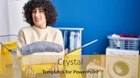  Presentation with curly hair - PPT theme with young-brunette-woman-with-curly background and a yellow colored foreground