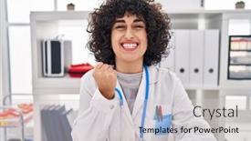  Presentation with curly hair - Presentation design having young-brunette-woman-with-curly background and a  colored foreground