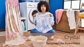  Presentation with curly hair - PPT theme with young-brunette-woman-with-curly background and a coral colored foreground