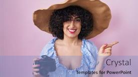  Presentation with curly hair - Slide deck enhanced with young-brunette-woman-with-curly background and a  colored foreground