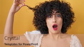  Presentation with hair - PPT layouts having young-brunette-woman-with-curly background and a coral colored foreground