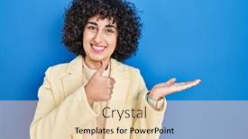  Presentation with curly hair - Presentation theme enhanced with young-brunette-woman-with-curly background and a  colored foreground