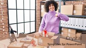  Presentation with order - PPT theme enhanced with young-brunette-woman-with-curly background and a coral colored foreground