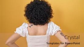  Presentation with curly hair - PPT layouts featuring young-brunette-woman-with-curly background and a coral colored foreground