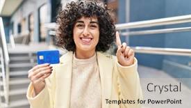  Presentation with curly hair - Presentation design enhanced with young-brunette-woman-with-curly background and a  colored foreground