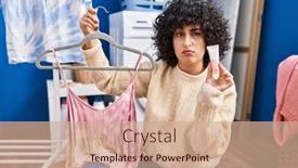  Presentation with curly hair - Slide set enhanced with young-brunette-woman-with-curly background and a  colored foreground