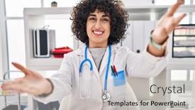  Presentation with curly hair - PPT theme enhanced with young-brunette-woman-with-curly background and a light gray colored foreground