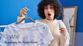  Presentation with curly hair - Presentation theme with young-brunette-woman-with-curly background and a light blue colored foreground