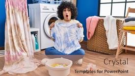  Presentation with curly hair - Presentation design featuring young-brunette-woman-with-curly background and a coral colored foreground