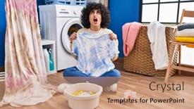  Presentation with curly hair - Presentation theme enhanced with young-brunette-woman-with-curly background and a  colored foreground