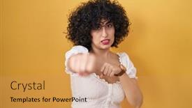  Presentation with violence woman - Presentation design consisting of young-brunette-woman-with-curly background and a coral colored foreground