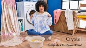  Presentation with hair dress - Slide deck having young-brunette-woman-with-curly background and a coral colored foreground