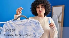  Presentation with curly hair - Presentation design having young-brunette-woman-with-curly background and a light blue colored foreground