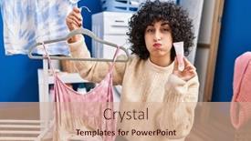  Presentation with hair color - PPT theme consisting of young-brunette-woman-with-curly background and a coral colored foreground