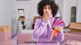  Presentation with hair color - PPT theme having young-brunette-woman-with-curly background and a  colored foreground