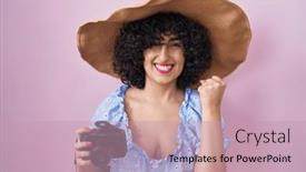  Presentation with reflex - Slide set enhanced with young-brunette-woman-with-curly background and a coral colored foreground