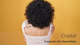  Presentation with hair care - Presentation theme with young-brunette-woman-with-curly background and a coral colored foreground