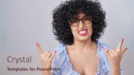  Presentation with rock music - PPT theme consisting of young-brunette-woman-with-curly background and a coral colored foreground