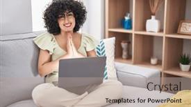  Presentation with forgiveness - Slide set featuring young-brunette-woman-with-curly background and a mint green colored foreground