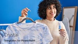  Presentation with curly hair - Presentation theme having young-brunette-woman-with-curly background and a light blue colored foreground