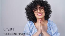  Presentation with forgiveness - Presentation design consisting of young-brunette-woman-with-curly background and a light gray colored foreground