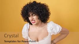  Presentation with backache - PPT layouts featuring young-brunette-woman-with-curly background and a coral colored foreground