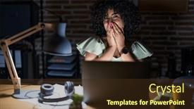  Presentation with scandal - PPT theme featuring young-brunette-woman-with-curly background and a tawny brown colored foreground