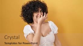  Presentation with bad breath - Presentation theme enhanced with young-brunette-woman-with-curly background and a coral colored foreground