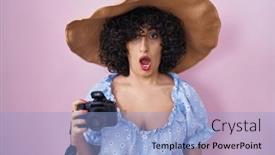  Presentation with reflex - PPT theme consisting of young-brunette-woman-with-curly background and a light blue colored foreground