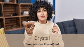  Presentation with simple - Slide deck featuring young-brunette-woman-with-curly background and a coral colored foreground