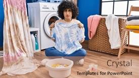  Presentation with hair dress - PPT theme consisting of young-brunette-woman-with-curly background and a coral colored foreground