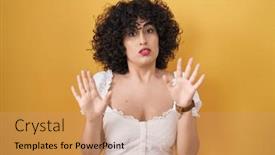  Presentation with forbidden - Presentation design having young-brunette-woman-with-curly background and a coral colored foreground