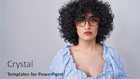  Presentation with simple - Slide deck with young-brunette-woman-with-curly background and a light blue colored foreground