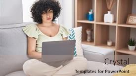  Presentation with simple - PPT layouts featuring young-brunette-woman-with-curly background and a mint green colored foreground