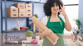  Presentation with friendly - PPT theme featuring young-brunette-woman-with-curly background and a coral colored foreground