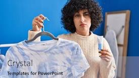  Presentation with negative - Presentation theme consisting of young-brunette-woman-with-curly background and a light blue colored foreground