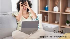  Presentation with tongue - Presentation theme having young-brunette-woman-with-curly background and a mint green colored foreground