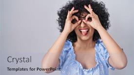  Presentation with tongue - PPT theme enhanced with young-brunette-woman-with-curly background and a light blue colored foreground