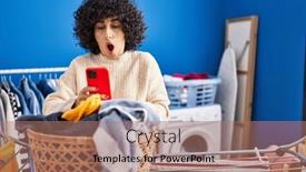  Presentation with laundry - PPT theme enhanced with young-brunette-woman-with-curly background and a coral colored foreground