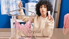  Presentation with curly hair - Presentation theme with young-brunette-woman-with-curly background and a coral colored foreground