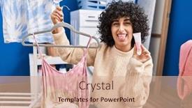  Presentation with curly hair - PPT layouts enhanced with young-brunette-woman-with-curly and a coral colored foreground