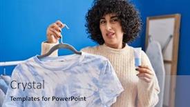  Presentation with curly hair - PPT layouts with young-brunette-woman-with-curly and a light blue colored foreground